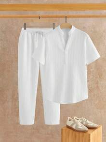 HIMLAND Loose Fit Men's Notched Neck Top And Drawstring Waist Pants Set - White - View 1