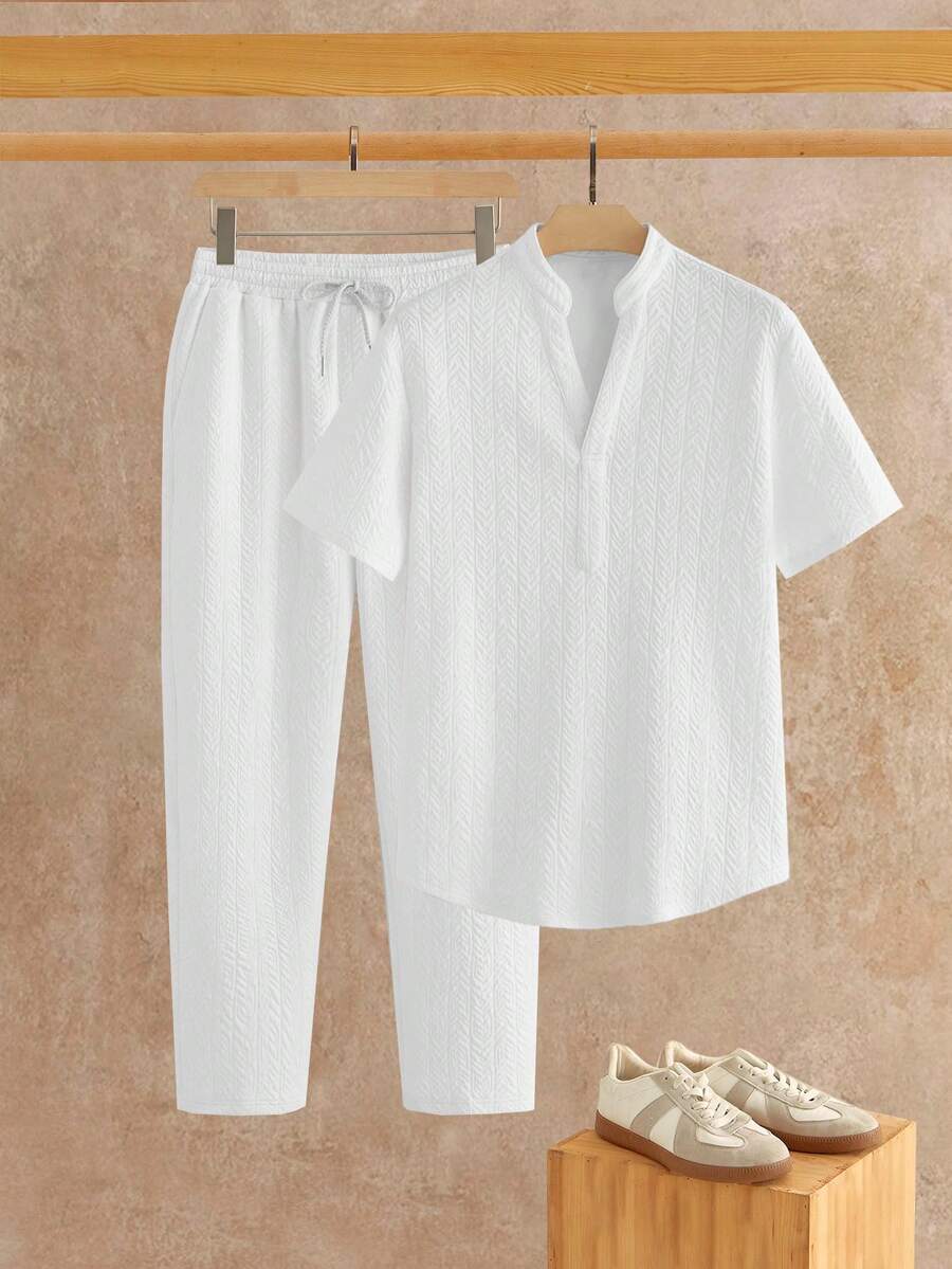 HIMLAND Loose Fit Men's Notched Neck Top And Drawstring Waist Pants Set - White - View 1