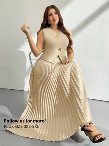 Firerie 大码优雅通勤纯色背心百褶裙两件套，夏季 - 杏色 - 查看 1