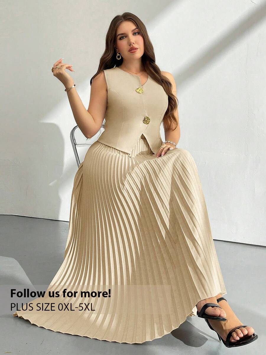 Firerie 大码优雅通勤纯色背心百褶裙两件套，夏季 - 杏色 - 查看 1