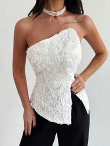 Firerie Women's Elegant & Refined Romantic Atmosphere Valentine's Day Date Party Wedding Guest Asymmetrical Hem Rose Texture Fabric Fitted X-Shape White Bandeau Top - White - View 3