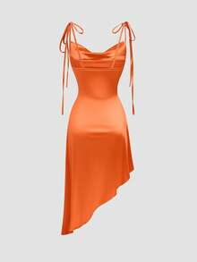 GlowEve 新款缎面光泽蝴蝶结腰部不对称下摆女式连衣裙 - 橘色 - 查看 3