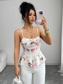 Top de tirantes con volantes y estampado de rosas, ideal para vacaciones de verano - Multicolor - Ver 5