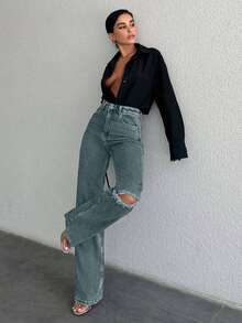 EURMUSE Women's Casual Everyday Wear Distressed Button Pocket Denim Jeans - Light Wash - View 4