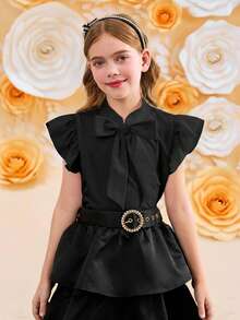 SHEIN Áo kiểu nữ tuổi teen, màu trơn, chất liệu dệt kim, viền bèo nhún, trang trí nơ lớn, kiểu dáng thanh lịch, phong cách nghỉ mát Pháp, thích hợp cho mùa tựu trường. - màu đen - Xem 5