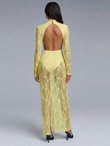 Athîral Women's Elegant Sexy Solid Color Lace Backless Dress - Light Yellow - View 2