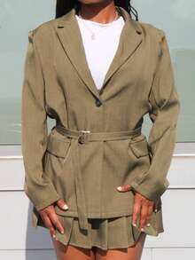 Steph T Solid Color Loose Waist Blazer Jacket And A-Line Pleated Skirt Suit, Early Autumn - Green - View 4