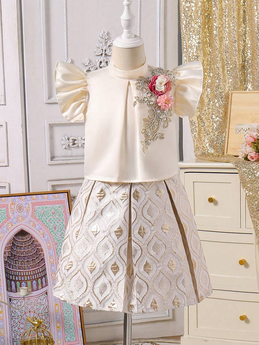 2pcs/Set Young Girl 3D Floral Decor Cap Sleeve Top And A-Line Skirt - Beige - View 1