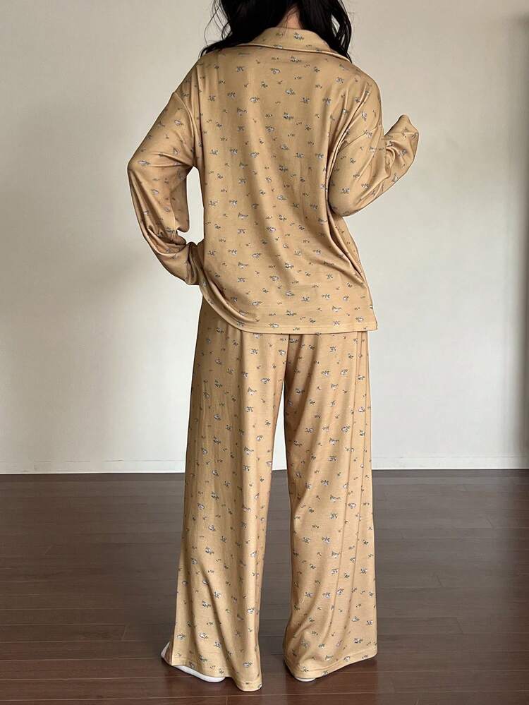 Floral Letter Decor Loose Women Pajama Set