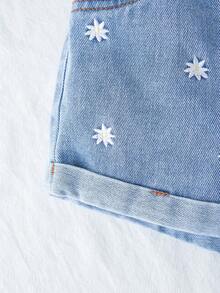 女童新款黑色牛仔荷叶边腰部短裤 - 中等水洗藍 - 查看 5