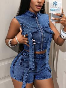 BamGleam 性感牛仔夹克外套，适合女士外出和旅行 - 深色水洗藍 - 查看 5