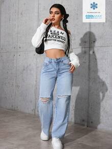 SHEIN PETITE 女士休闲百搭日常穿搭口袋纽扣做旧阔腿牛仔裤 - 淺色水洗藍 - 查看 3