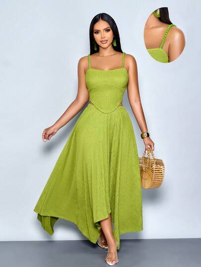 SOLERSUN Women's Spring/Summer Fashion Casual Elegant Daily Outfits Solid Color Textured Fabric Camisole Top And Asymmetrical Hem Skirt 2 Pieces Set For Beach Vacation Dress