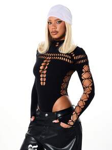 SUMWON WOMEN Long Sleeve High Neck Cutout Bodysuit With Lace Up Arms And Chest Details - Black - View 6