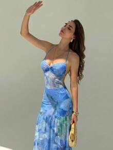 Vestido con estampado floral romántico con tirantes de espagueti y espalda abierta, adecuado para citas, vacaciones, primavera/verano - Azul - Ver 4