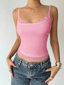 Aloruh Áo camisole ôm sát dành cho nữ, màu trơn phối ren. - Hồng - Xem 5