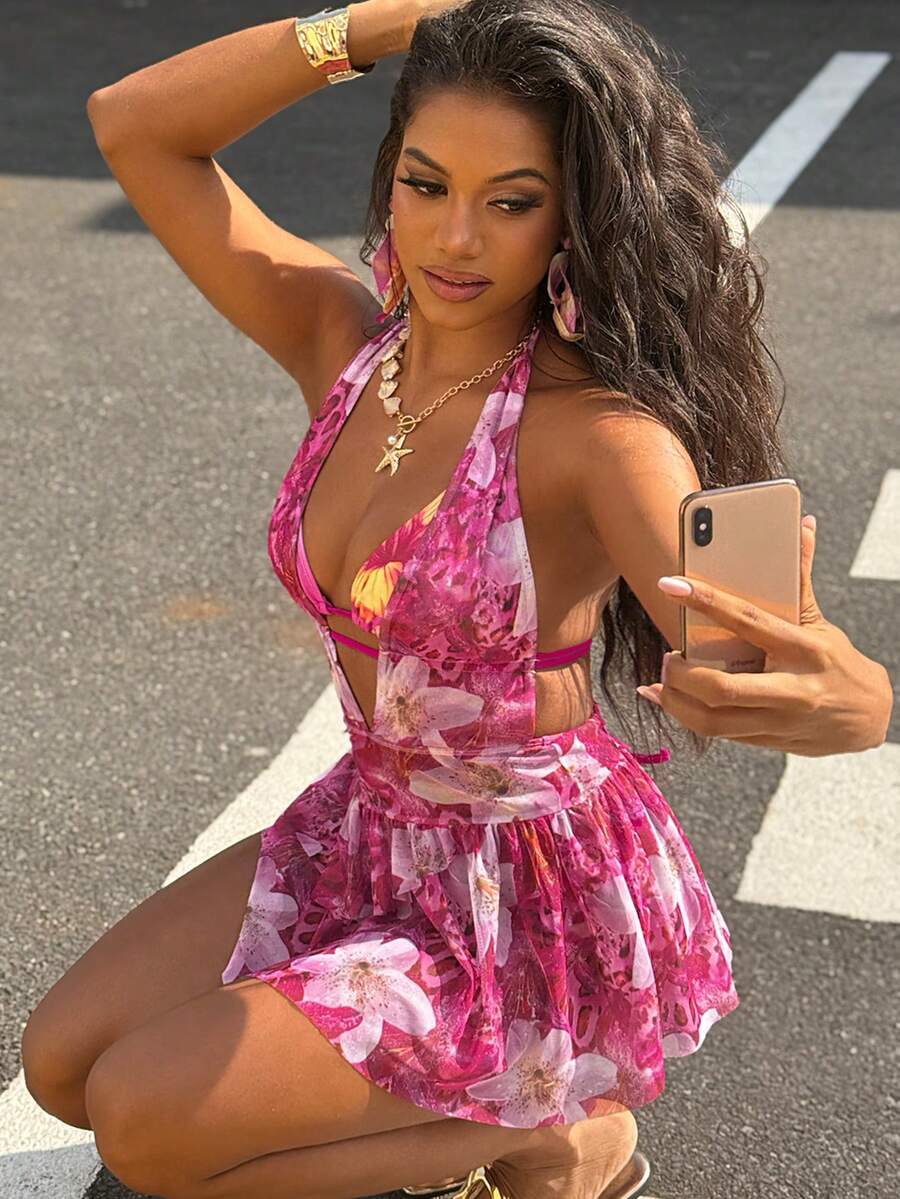 Vaytide 女士新款性感透视印花沙滩罩衫连衣裙 - 彩色 - 查看 1