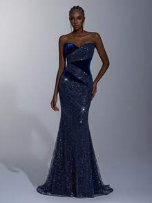 Elitara 优雅奢华复古天鹅绒褶皱装饰拼接珠绣花卉饰边领口，内置鱼骨结构，鱼尾下摆拉链正式晚礼服，适合鸡尾酒会、晚宴、音乐节、宴会、商务活动等场合。 - 藏蓝色 - 查看 6