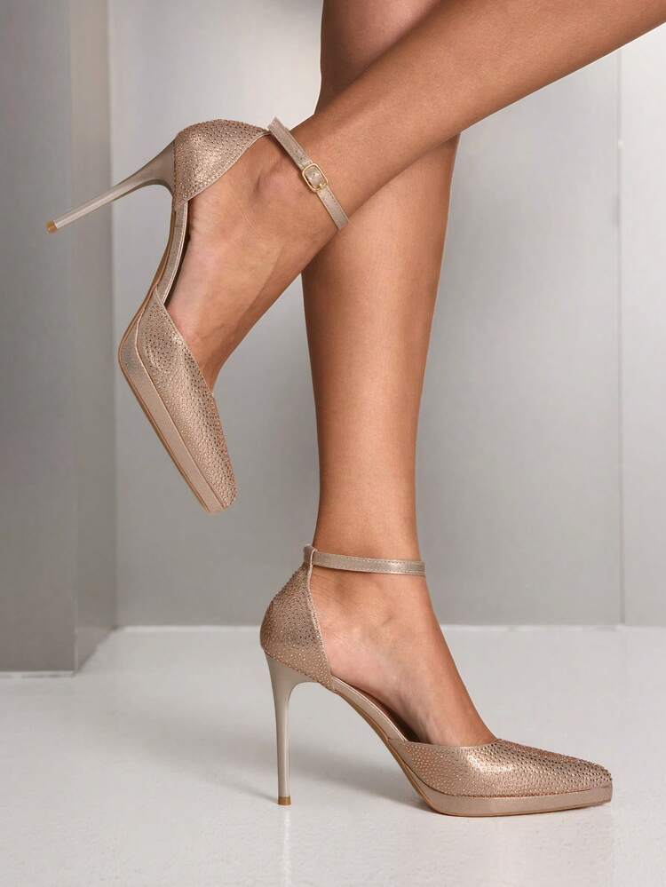 CUCCOO SZL Women Shoes Women's Pointed Thin High Heel Height Water Table Champagne Rhinestone Women's High Heel Shoes Ankle Strap Hollow Shoes Wedding Party Banquet Nightclub Stylish Gorgeous Simple High Heel Women's Shoes Valentine's Day
