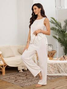 SHEIN Fashionable White Soft Fabric Lace Patchwork Casual Loungewear Pajama Set - White - View 4
