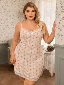 CottageSlumber Plus Size Romantic Floral Lace Trim Spaghetti Strap Nightgown, Elegant French Style - Multicolor - View 7