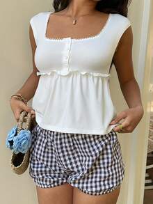 SHEIN EZwear Áo thun nữ mùa hè màu trắng dệt kim cài nút viền bèo nhún kiểu dáng thường ngày - trắng - Xem 9