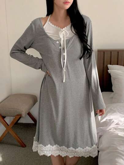 DAZY Camisón de mujer de 2 en 1 con cintura ceñida, tirantes de espagueti y contraste de color tejido