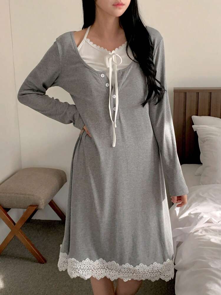 Sweet Knitted Contrast Color Spaghetti Strap Sleeveless 2 In 1 Cinched Waist Women Nightgown