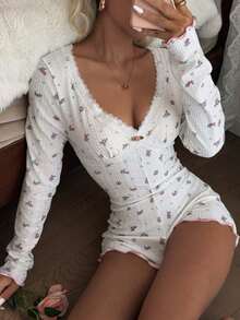 SHEIN Women's Long Sleeve Floral Print Contrast Lace Trim Fitted Jumpsuit Pajamas - White - View 6