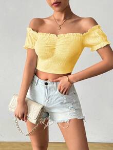 Rafferiza 女士纯色性感露肩纹理百搭短款T恤 - 黃色 - 查看 3