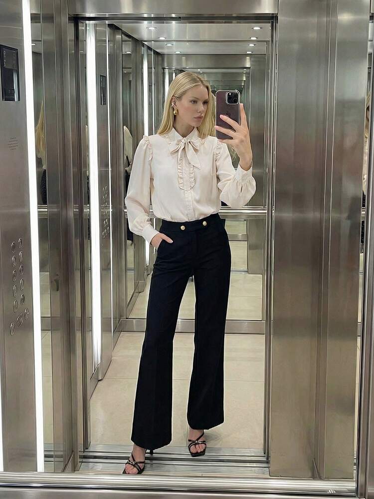 SHEIN Maija Women's Solid Color Bow Tie Shirt, Suitable For Valentine's Day And Urban Wear Elegant Blouses Bow Shirt Vacation Spring To Summer