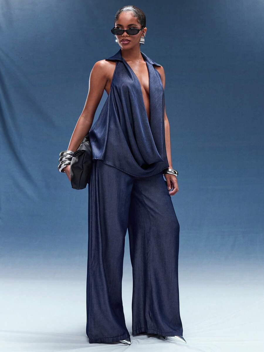 Normani 2 Pieces Collared Plunge Neck Halter Top And Wide Peg Pant Set - Blue - View 1