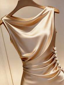 Franclia Champagne Gold Satin Draped Neck Sleeveless Bodycon Dress - Apricot - View 3