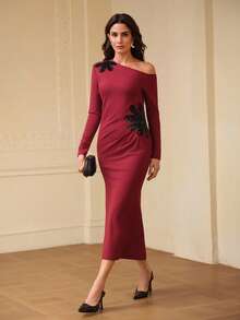 ZEYLAH Embroidered Fitted Waist Dress With Asymmetrical Shoulder, Autumn/Winter - Red - View 5