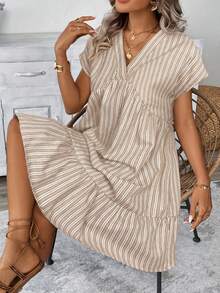 SHEIN LUNE Women's Casual Striped V-Neck Short Sleeve Mini Dress, Suitable For Daily Wear, Vacation And Outdoor Activities, Spring/Summer - Apricot - View 4