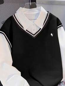 Resyla New Contrast Color Collar Sports Casual Sweatshirt, Knight Print College Style Top - Multicolor - View 3