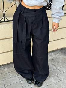 Dazy Plus Fashionable Retro Dark Denim Blue Waistband Tie Design Loose Harem Long Jeans, All Season