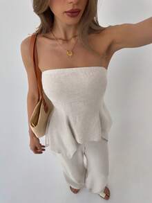 Aloruh Women's Apricot Strapless Ruffle Hem Crop Top And Skinny Pants, Spring/Summer Vacation - Khaki - View 3