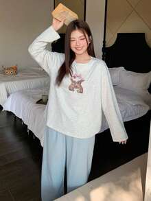 Dazy Plus 大码女式可爱卡通印花宽松套头衫长裤睡衣套装，春秋季 - 淺灰色 - 查看 5