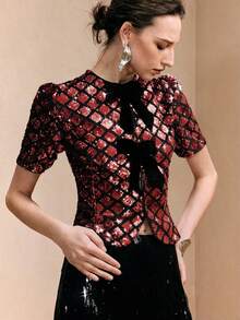 Arave Women's Velvet Sequined Top,Straight Shoulders,Fitted Waist,Puff Sleeves,Bow Design,Elegant Party,Summer,New Year,Modern Red And Black Party Top - Red - View 6