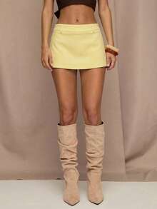 SHEIN BAE Pantalon-jupe casual polyvalent de couleur unie pour femmes - Jaune citron - Voir 4