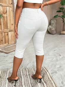 SHEIN Lady Quần jeans nữ cỡ lớn cạp cao ôm sát, dáng suông, dài đến đầu gối, đa năng. - màu đen - Xem 2