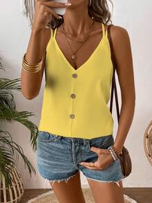 SHEIN Áo hai dây nữ dáng rộng, thoải mái, thích hợp mặc hàng ngày đi làm hoặc đi nghỉ mát, có cúc trang trí, màu trơn, mùa hè. - Màu vàng - Xem 6