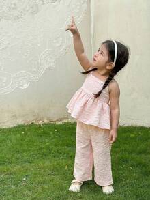 SHEIN LMoss Kids Baby Girl Summer Casual Vacation Daily Commute Solid Color Jacquard Babydoll Cami Top & Wide Leg Pants Set - Pink - View 3