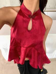 EastFlair Chinese Style Jacquard Frog Button Asymmetric Hem Sleeveless Cheongsam - Burgundy - View 2