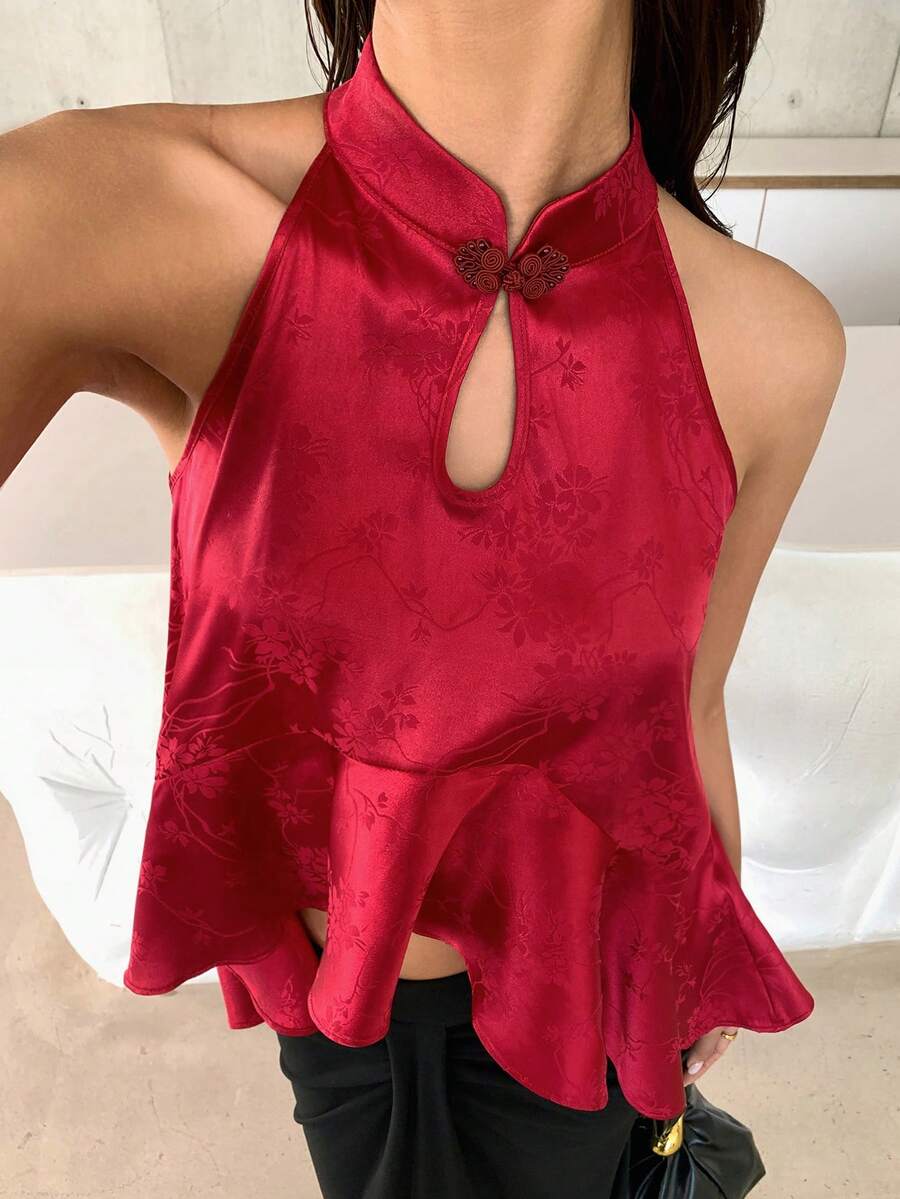 EastFlair Chinese Style Jacquard Frog Button Asymmetric Hem Sleeveless Cheongsam - Burgundy - View 1