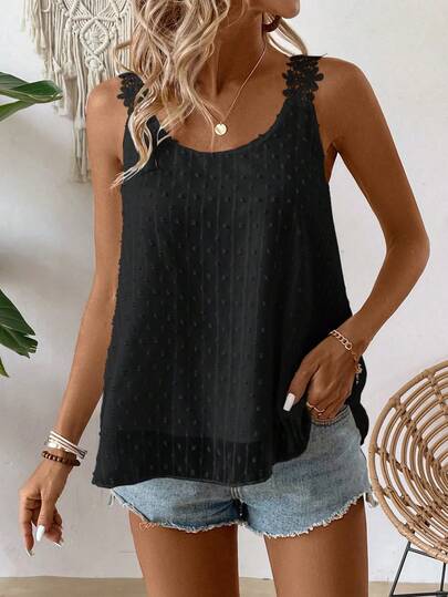 EMERY ROSE Women's Summer Casual Swiss Polka Dot Patchwork Lace Strap Camisole