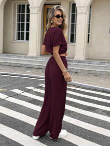 Serisse 蝙蝠袖露脐上衣和抽绳腰裤，纹理面料两件套 - 中紫紅色 - 查看 2