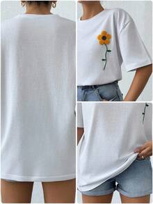 SHEIN 100%純棉大尺碼女款休閒短袖白色T恤，附刺繡細節 - 白色 - 查看 8