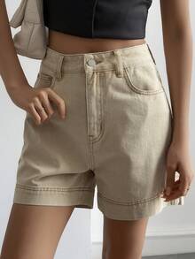 Livesso 高腰休闲纯色女式牛仔短裤 - 卡其色 - 查看 6